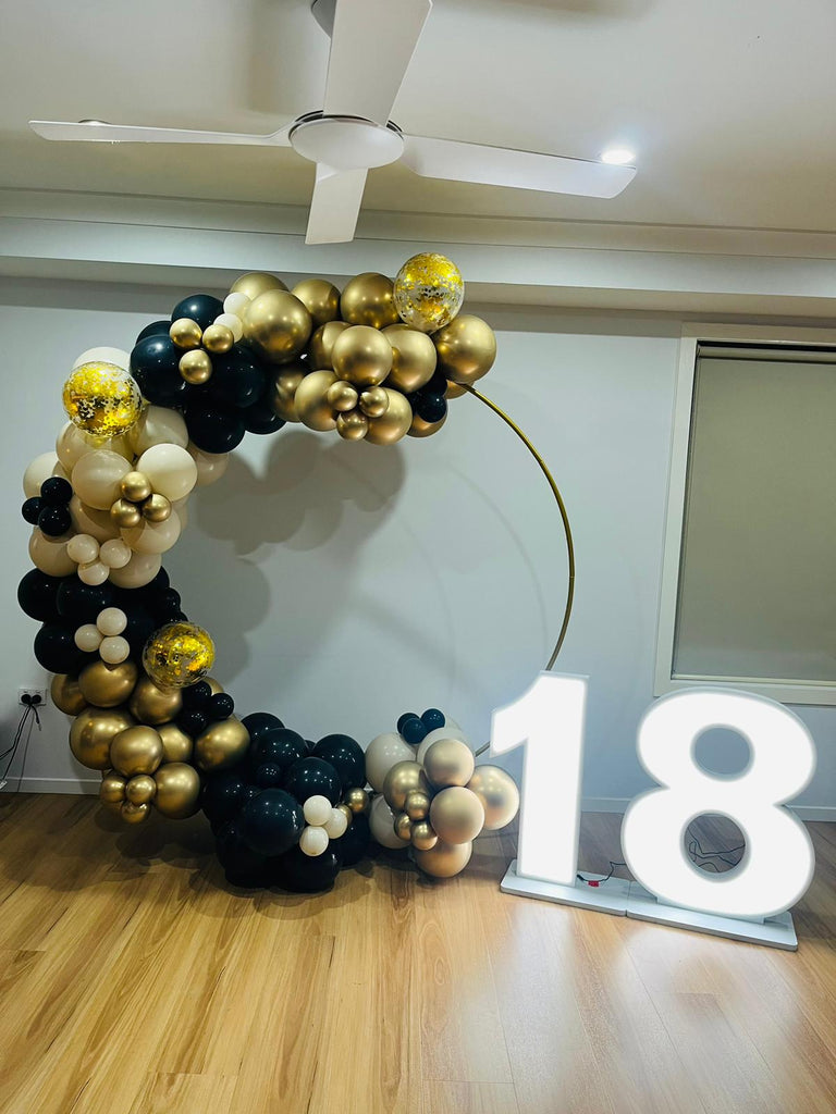 Balloon Garland on Gold Round Stand and Light up LED numbers