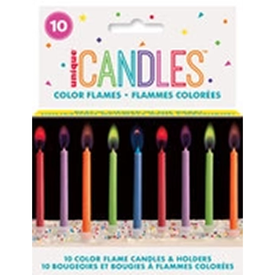 10 COLOUR FLAME CANDLES W/HLDS