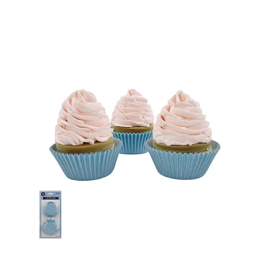 100 BLUE PAPER CUPCAKE LINERS-TOP: 7.5CM BOTTOM: 5CM H: 3CM