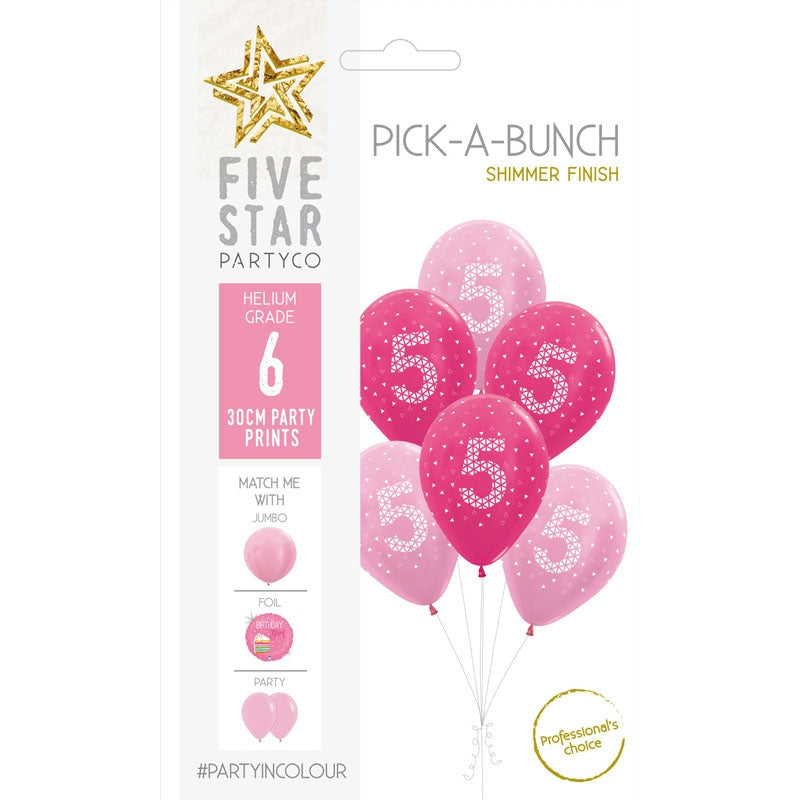 PICK-A-BUNCH 5th Birthday Girl 30cm Pink/white 6pk