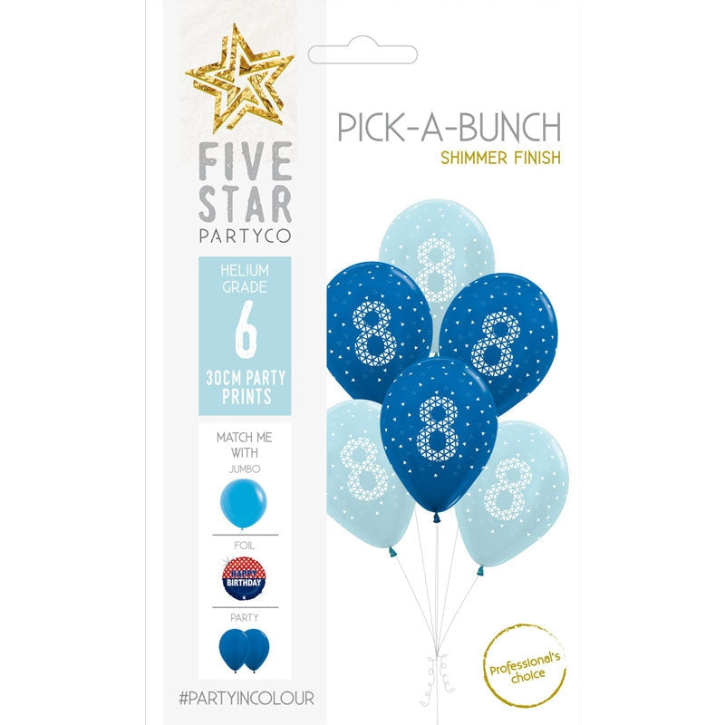 PICK-A-BUNCH 8th Birthday Boy 30cm Blue/white 6pk