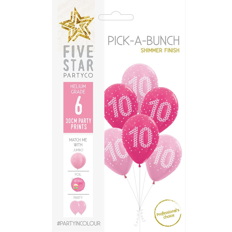 PICK-A-BUNCH 10th Birthday Girl 30cm Pink/white 6pk