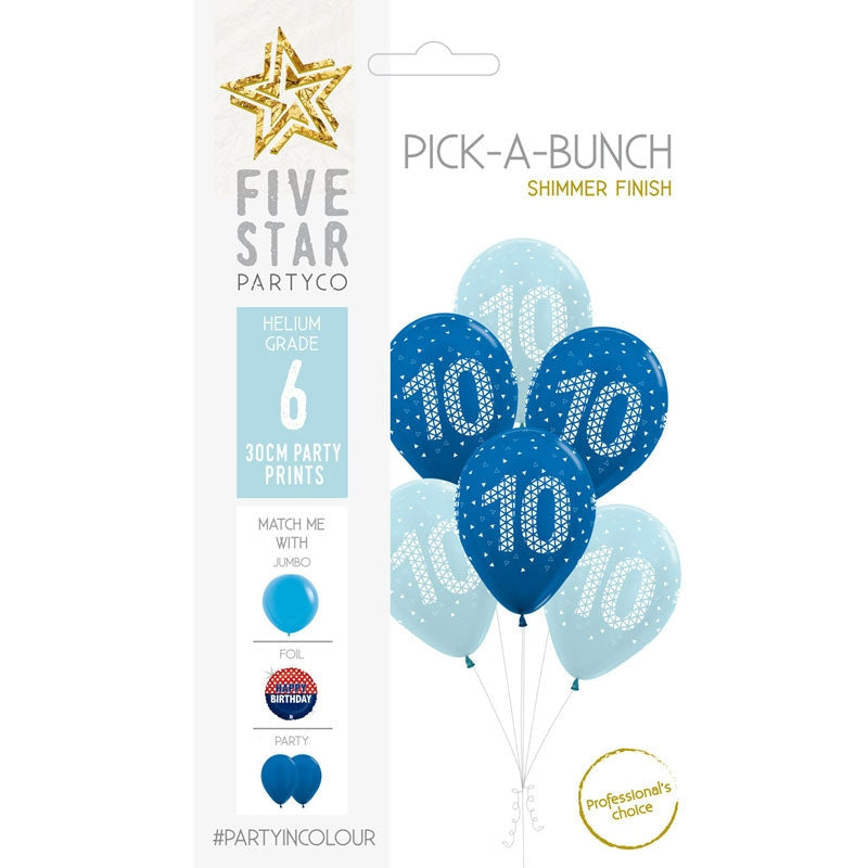 PICK-A-BUNCH 10th Birthday Boy 30cm Blue/white 6pk