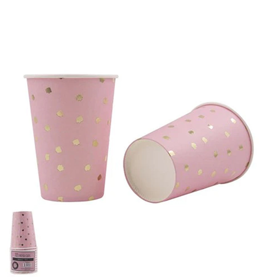 12pk 266ml Pink Paper Cup with Gold Foiled Dots