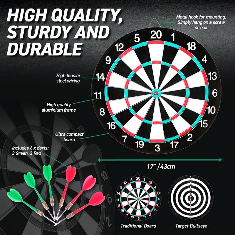 Double Sided Dart &amp; Target Game Board Includes: 6x darts, Hanging Ring - 17"