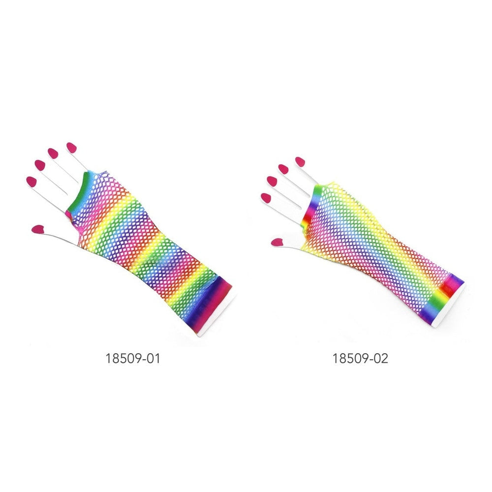 Rainbow Stripe Fishnet Gloves (Long)