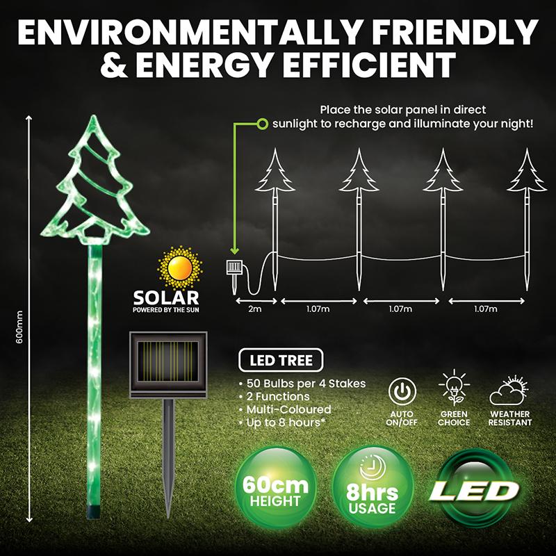 Light Solar Stakes Christmas Trees 4pk 64 LED (16 Per Stake) 19cm x 16cm x 70cm 2m Lead Green 2 Functions