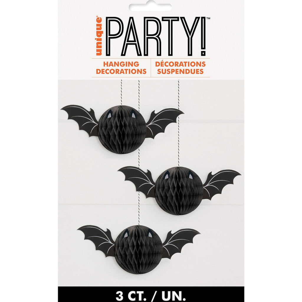 3 Black Bat Hanging Honeycomb Decorations 7.5cm (2.9")