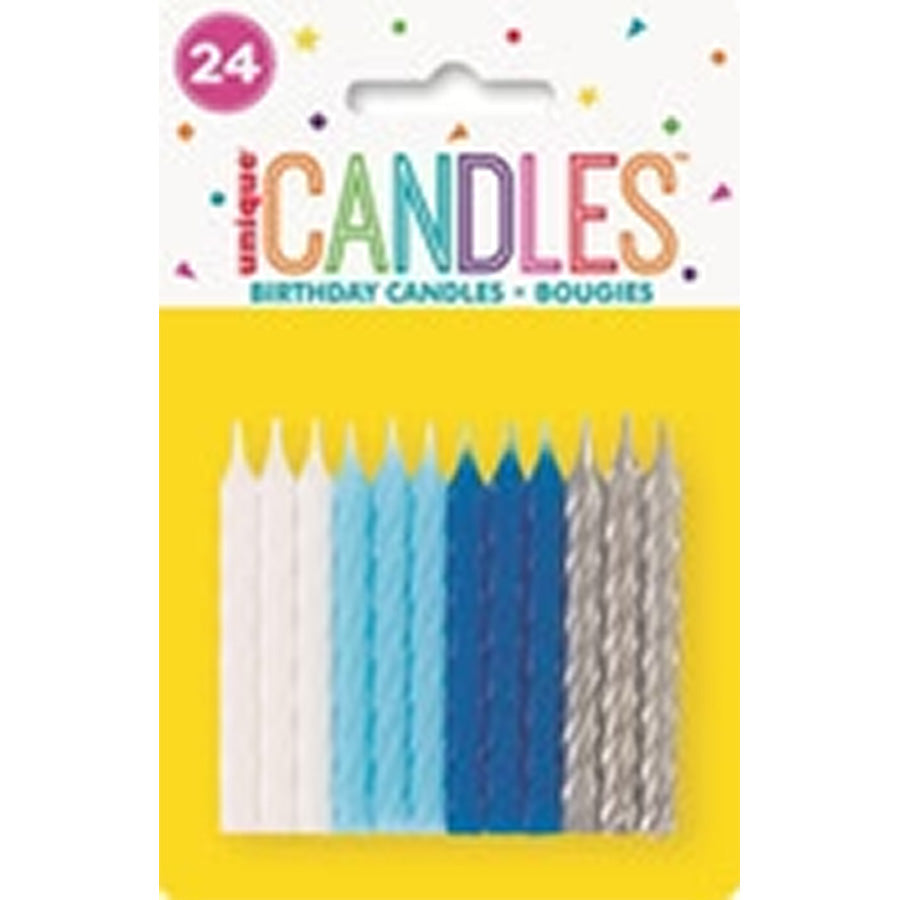 24 SPIRAL CANDLES - BL/WH/SILV