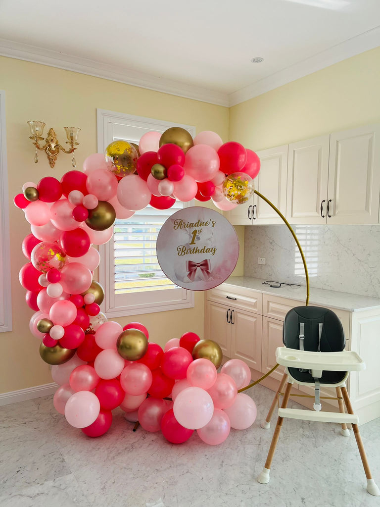 1st Birthday Balloon Garland on Round Stand and customised Board