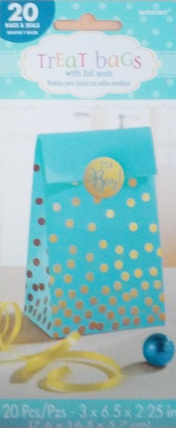 Foil Stamped Blue Paper Treat Bags &amp; It's A Boy Stickers PK20