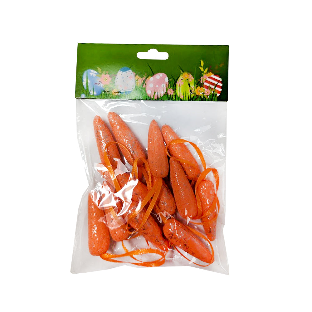 PK/12 GLITTER CARROTS W/ RIBBON IN POLYBAG W/ HEADER, 5CM