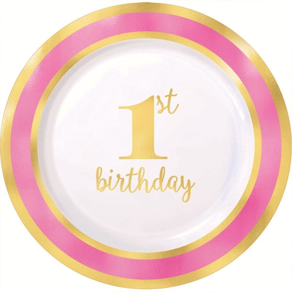 1st Birthday Pink 19cm Plastic Plates Hot Stamped PK10