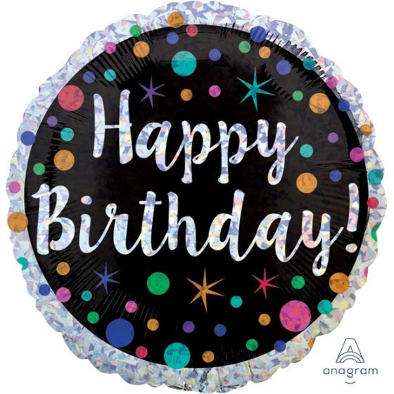 45CM STANDARD HOLOGRAPHIC POLKA DOT HAPPY BIRTHDAY