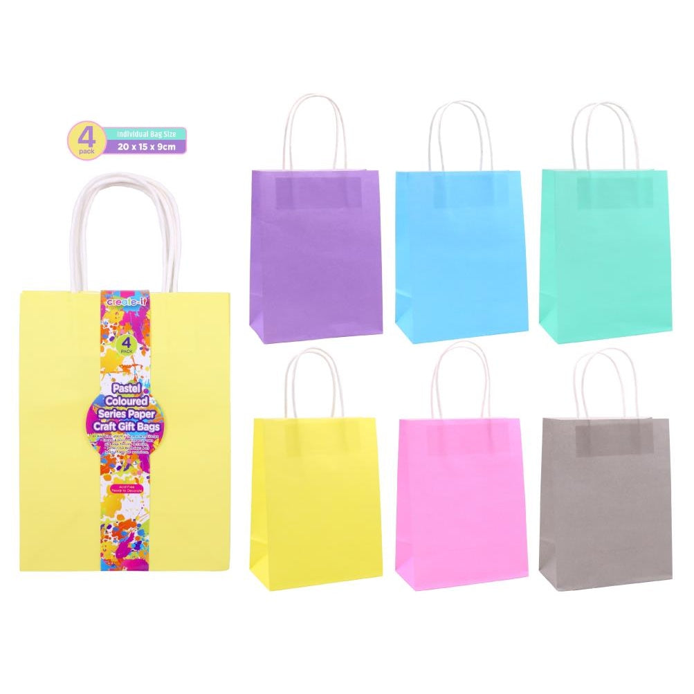 Craft Gift Bags - Pastel Coloured Series - 20CM x 15CM x 9CM - 4PK