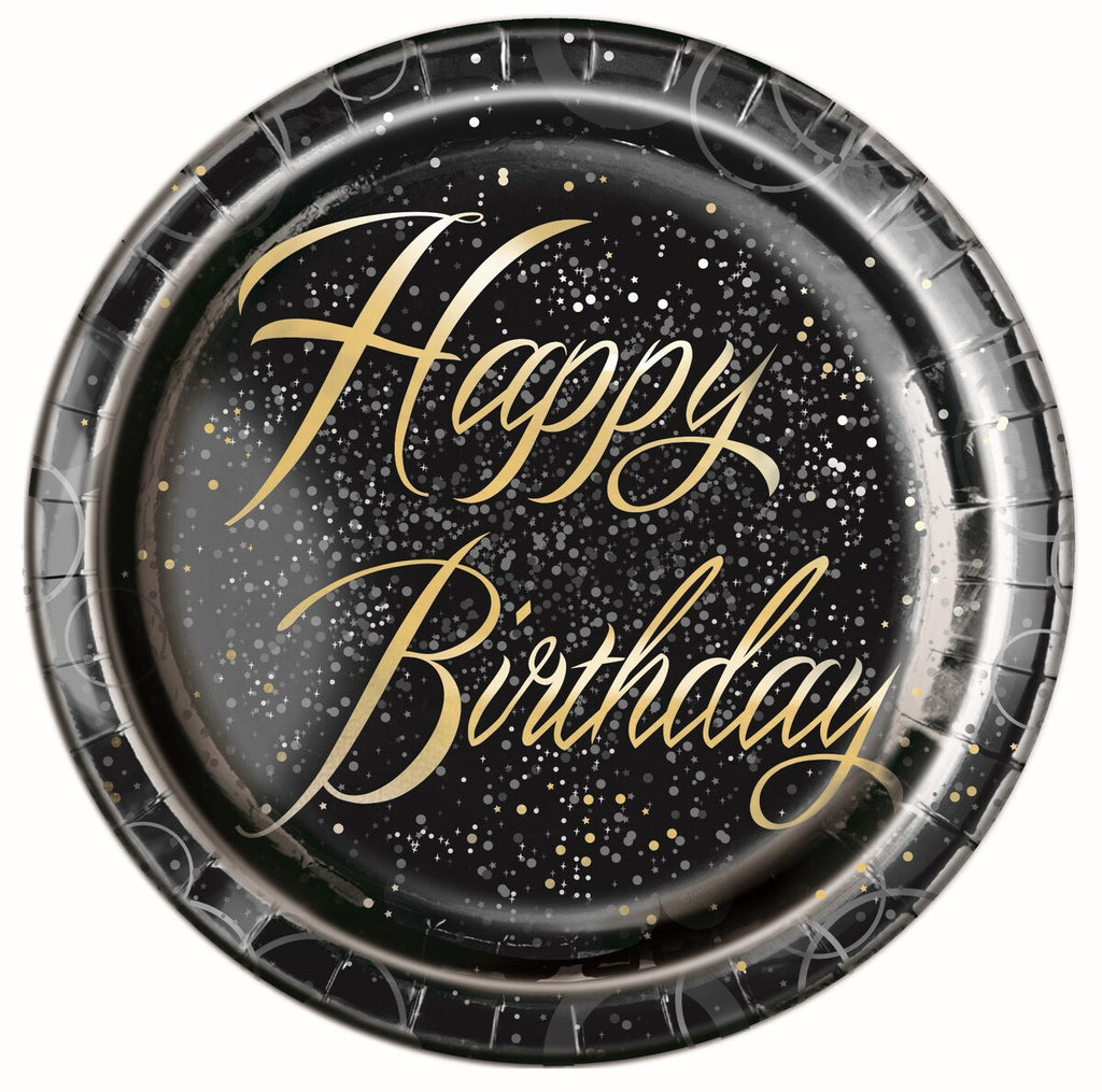 Glitz Gold Happy Birthday 8 x 23cm (9") Foil Stamped Paper Plates