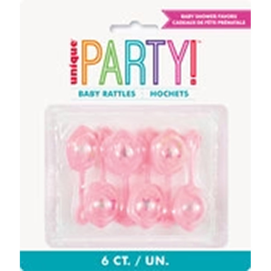 6 BABY RATTLES 2-1/2" PINK