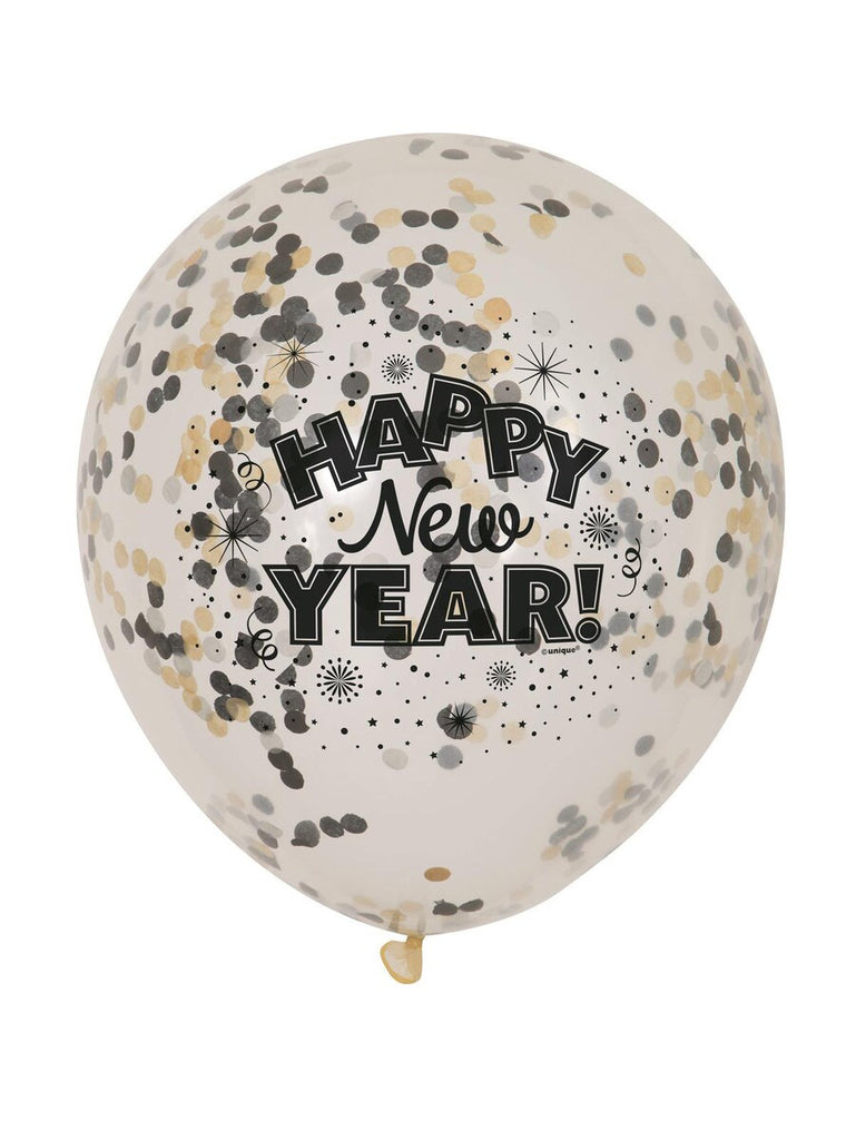 Happy New Year in black writing Clear Balloon with Gold Confetti pk 6