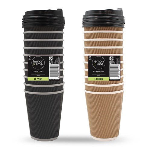 RIPPLE WALL COFFEE CUPS W/LIDS 340ML 10PK 2 ASSTD