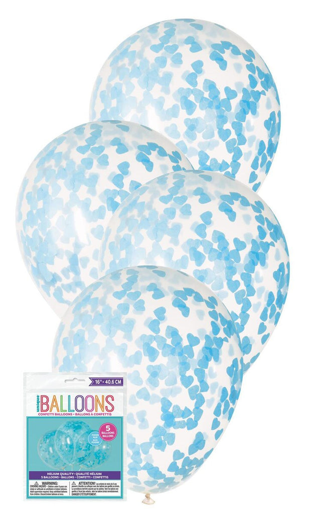 Clear Balloon with blue heart shape confetti 16" pk5