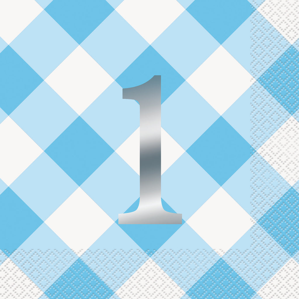 BLUE GINGHAM 1ST BDAY 16 LUN NAPKINS