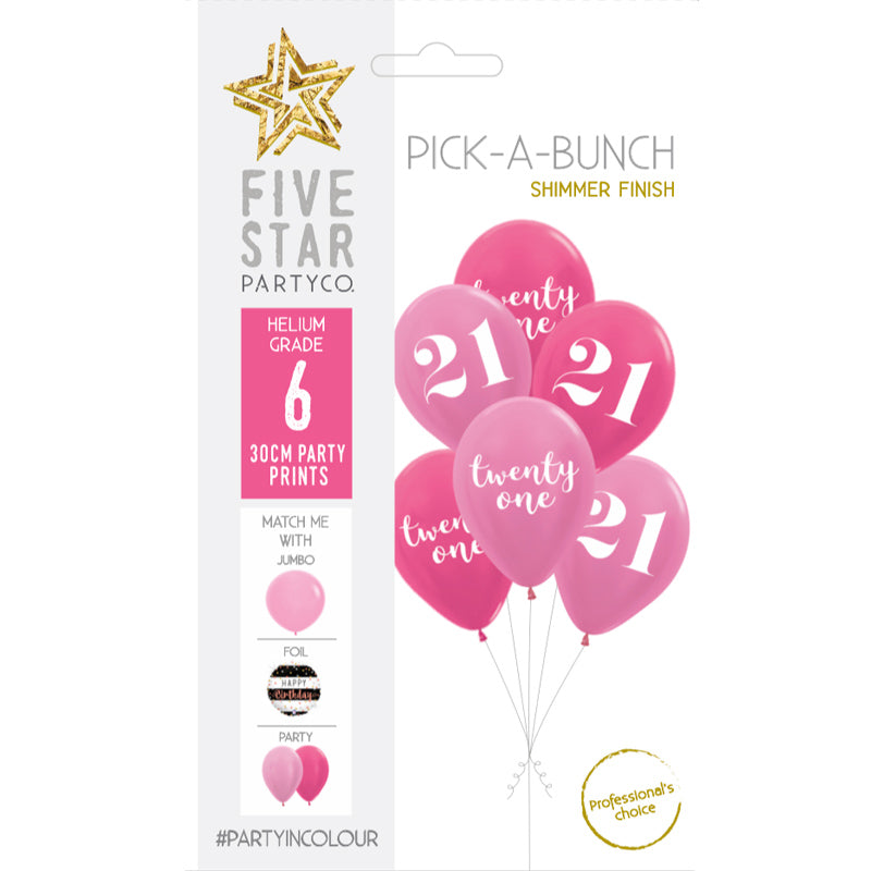 PICK-A-BUNCH 21st Birthday Mix 30cm Pink Asst 6pk