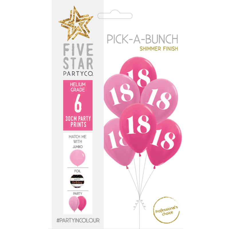 PICK-A-BUNCH 18th Birthday 30cm Pink Asst 6pk