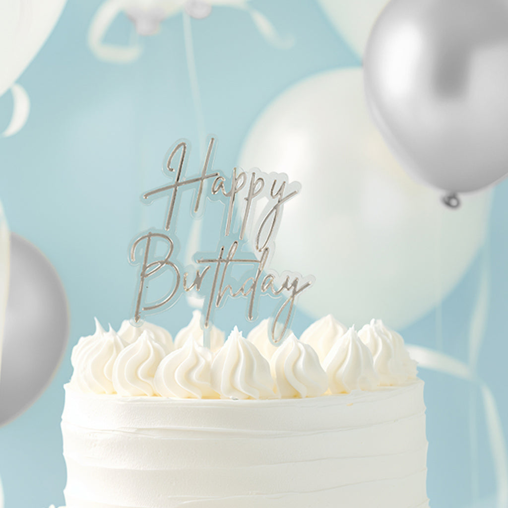 HBD Silver/ Clear Cake Topper Layered