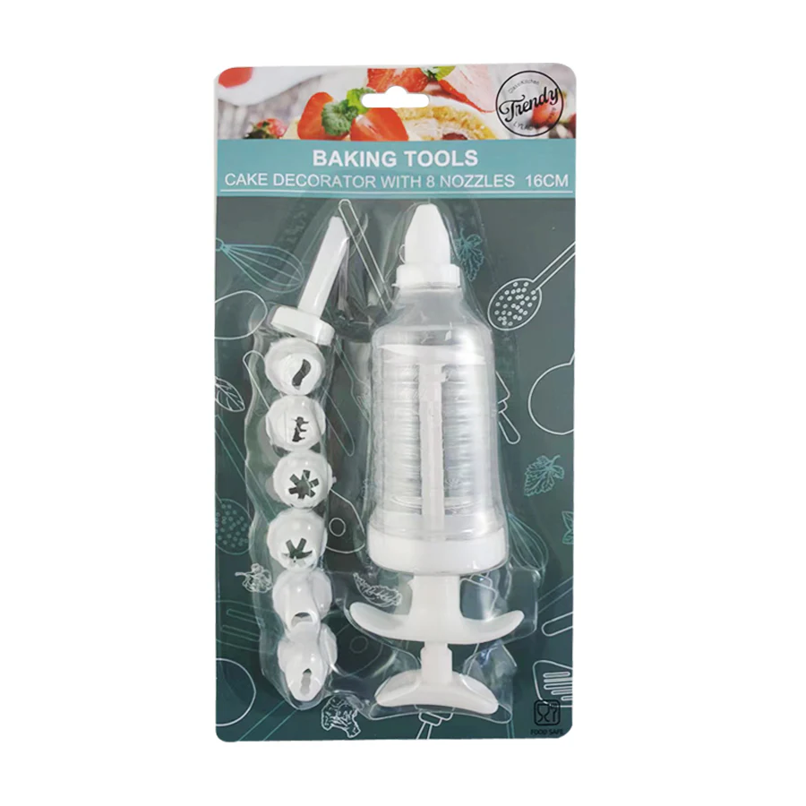 BAKING - CAKE DECORATOR W/8 NOZZLES 16CM PLASTIC