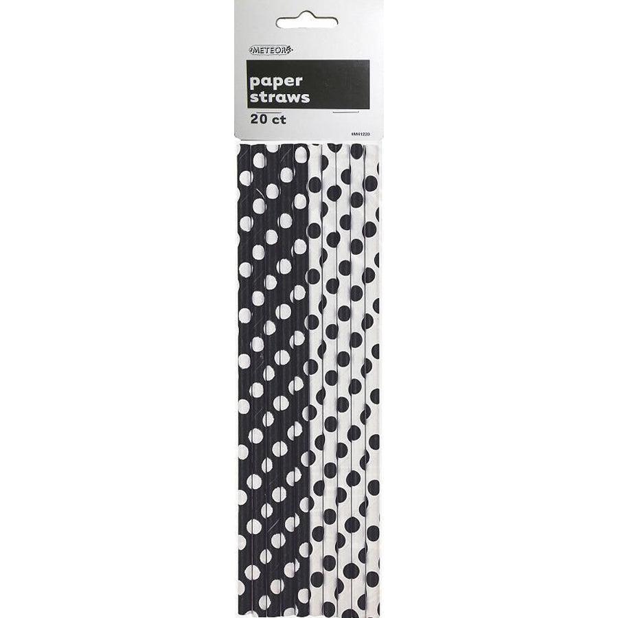 BLACK PAPER STRAWS DOTS 20PK