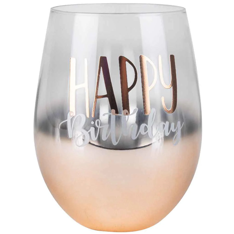 HAPPY B DAY ROSE GOLD OMBRE STEMLESS WINE GLASS 600ml