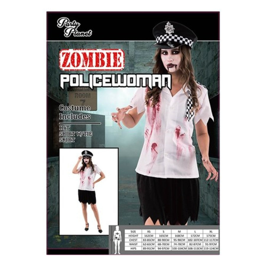 Woman Zombie Policewoman Costume - Including Hat, Shirt W/Tie Skirt, 2A Sizes Med & LRG