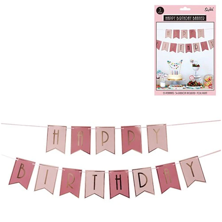 LUXE PINK &amp; ROSE GOLD FOIL BIRTHDAY BUNTING - EACH SHEET IS 22 * 15CM &amp; INCLUDES 5M RIBBON