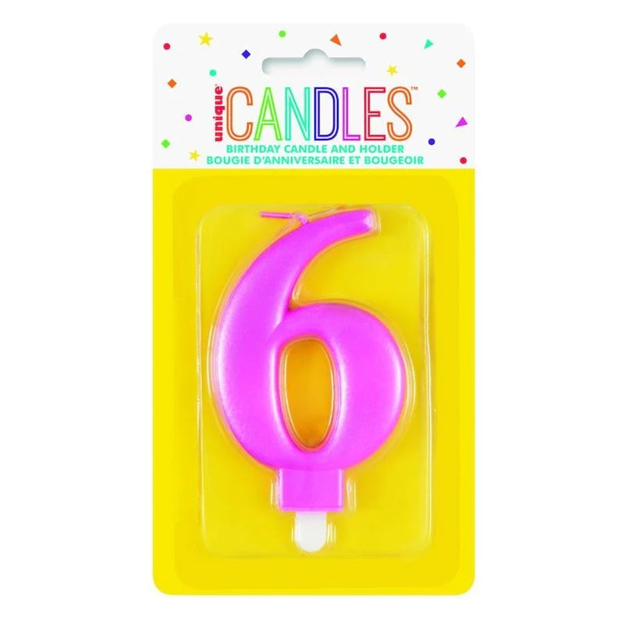 METALLIC PINK B'DAY CANDLE - NUMBER 6