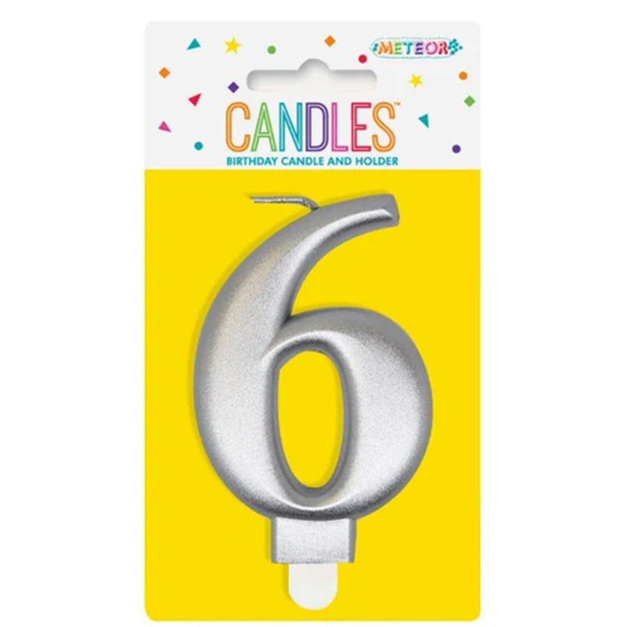 METALLIC SILVER B'DAY CANDLE- NUMBER 6