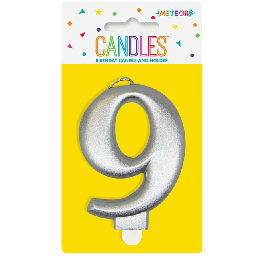 METALLIC SILVER B'DAY CANDLE- NUMBER 9