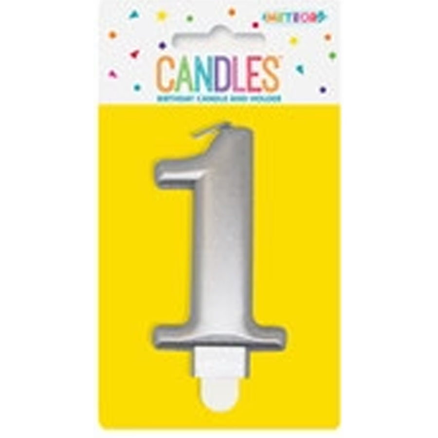 METALLIC SILVER B'DAY CANDLE- NUMBER 1