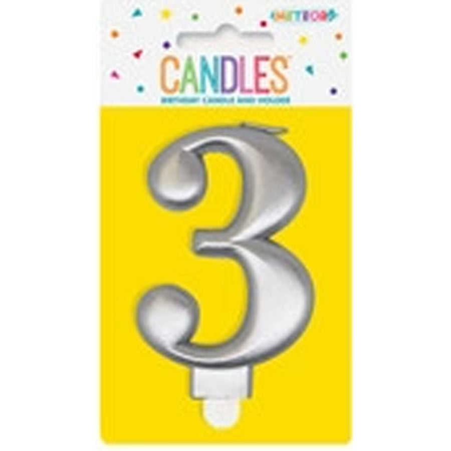 METALLIC SILVER B'DAY CANDLE- NUMBER 3