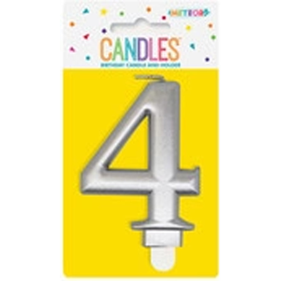 METALLIC SILVER B'DAY CANDLE- NUMBER 4