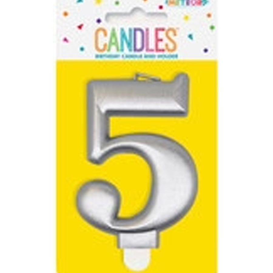 METALLIC SILVER B'DAY CANDLE- NUMBER 5