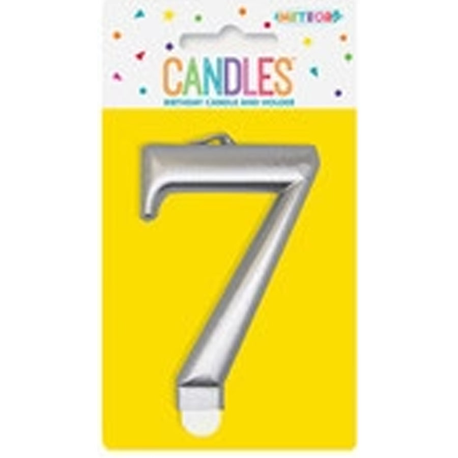 METALLIC SILVER B'DAY CANDLE- NUMBER 7