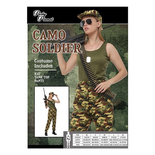 WOMENS CAMOUFLAGE ARMY COSTUME SIZE M INCLUDING HAT, TANK TOP, PANTS