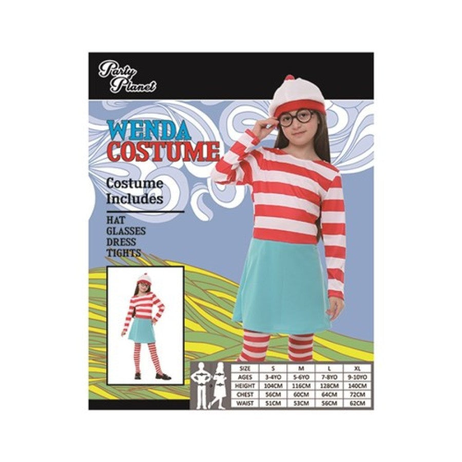 XLARGE WALLY RED AND WHITE STRIPED COSTUME-INCLUDES HAT, GLASSES, DRESS, TIGHTS