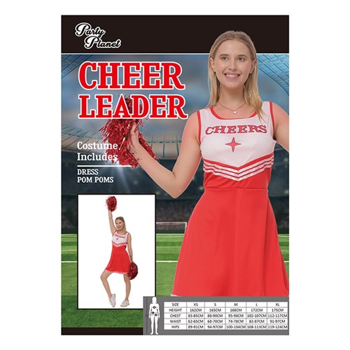 RED CHEER LEADER SIZE L INCLUDING DRESS, POMPOM