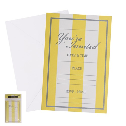 6 YELLOW STRIPED INVITES W/ENVELOPES-17X11.5CM