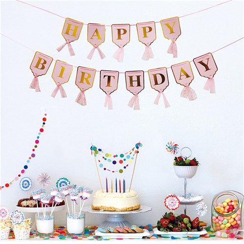 3M PINK AND GOLD PRINT BIRTHDAY BANNER W/ORGANZA TASSEL