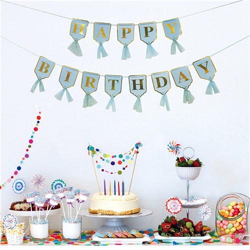 3M BLUE AND GOLD PRINT BIRTHDAY BANNER W/ORGANZA TASSEL