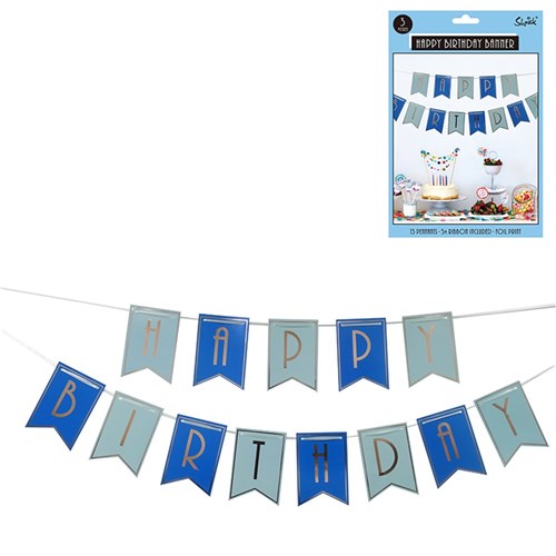 LUXE BLUE &amp; GOLD FOIL BIRTHDAY BUNTING - EACH SHEET IS 22 * 15CM &amp; INCLUDES 5M RIBBON