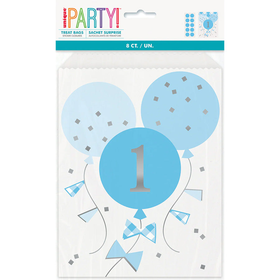 Gingham 1st Birthday Blue 8 Foil Stamped Treat Bags with Sticker Closures