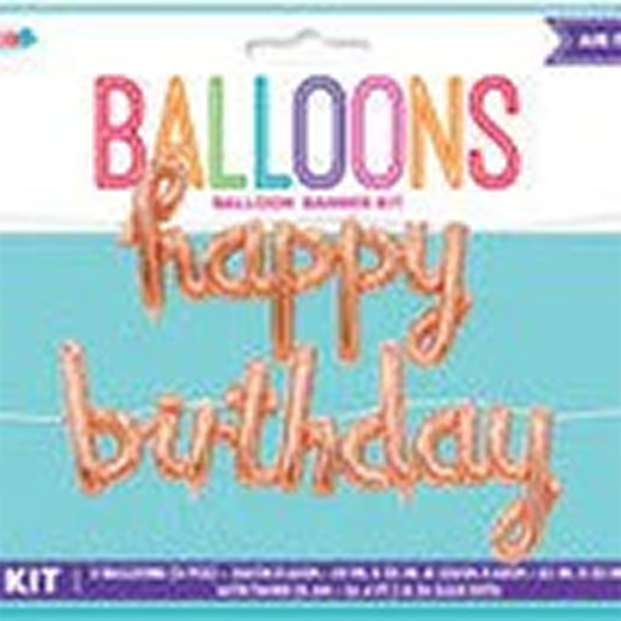 "Happy Birthday" Rose Gold 100cm x 60cm (39" x 23") &amp; 130cm x 60cm (51" x 23") Balloon Banner With Ribbon